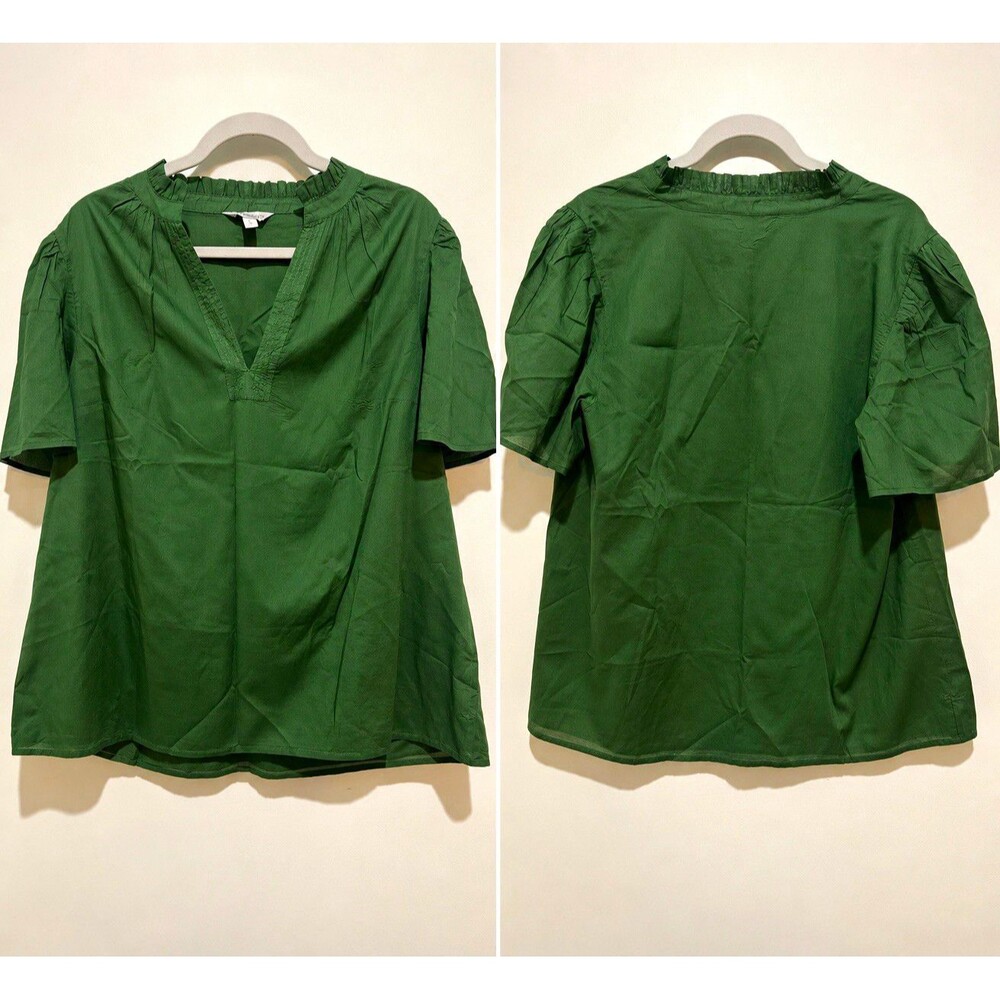 Crown & Ivy Women's Green Solid Cotton Woven V-Neck Ruffle Blouse L